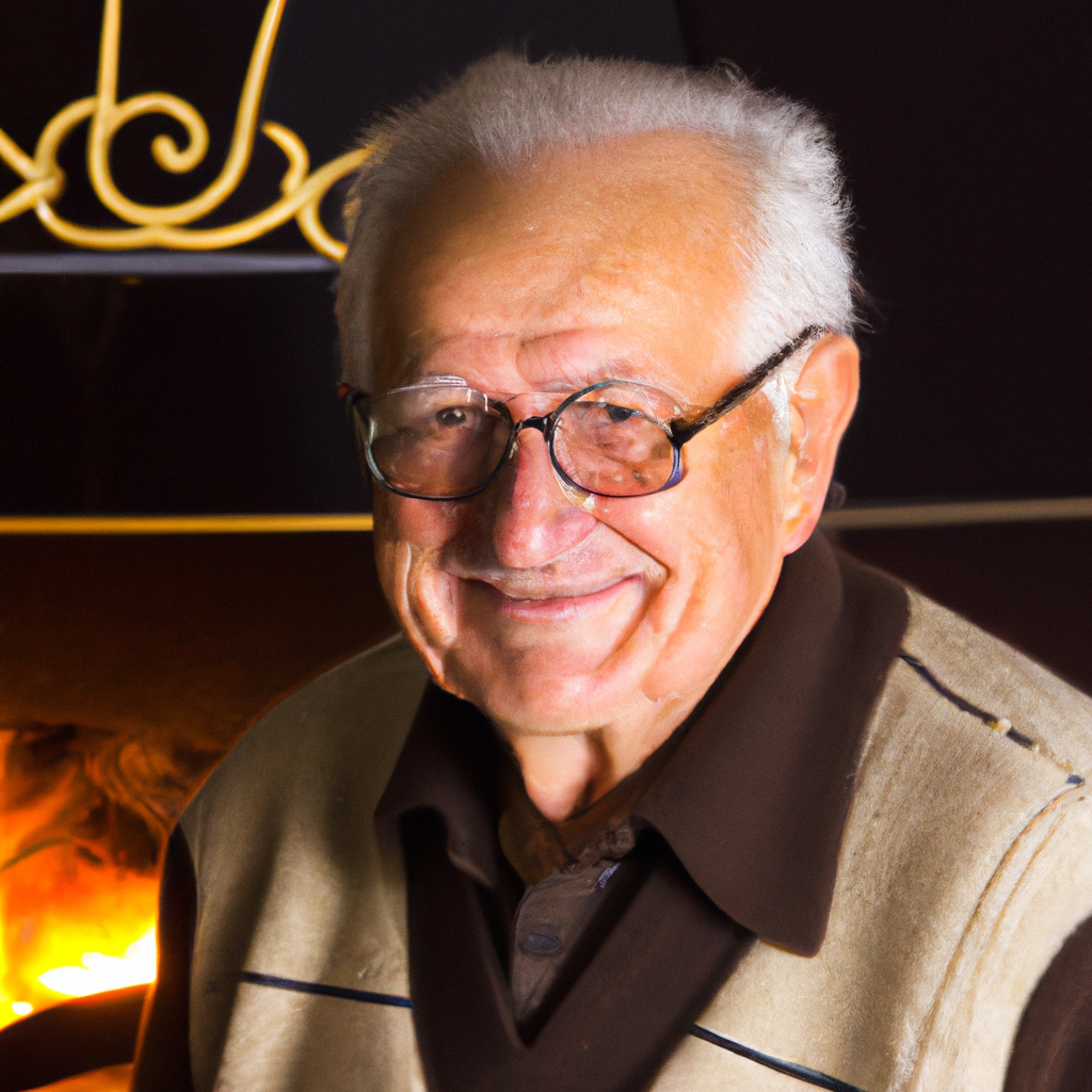 Elderly homeowner smiling near fireplace