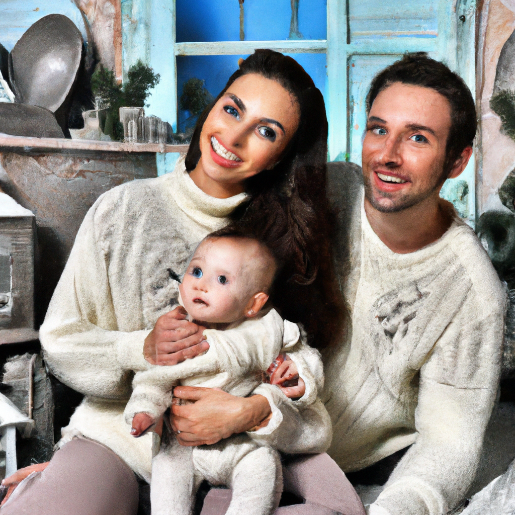 Young family at home near fireplace